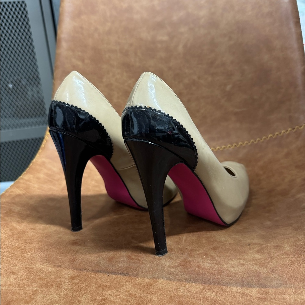 Classic Beige and Black Patent High Heel Pumps - Women's